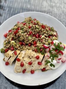 Cumin and Lemon Chicken with quinoa and pomegranate salad