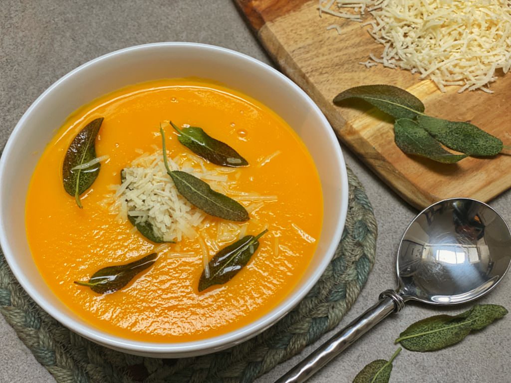 Healthy Eating Habits: Silky smooth pumpkin soup with crispy sage leaves