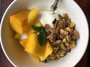Homemade healthy granola with yoghurt and mango