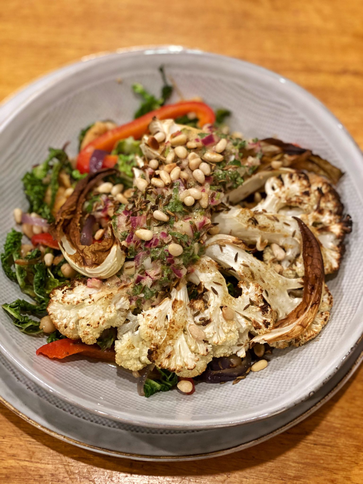 Cauliflower Steak with Salsa Verde and Cannellini Bean Sauté May Simpkin
