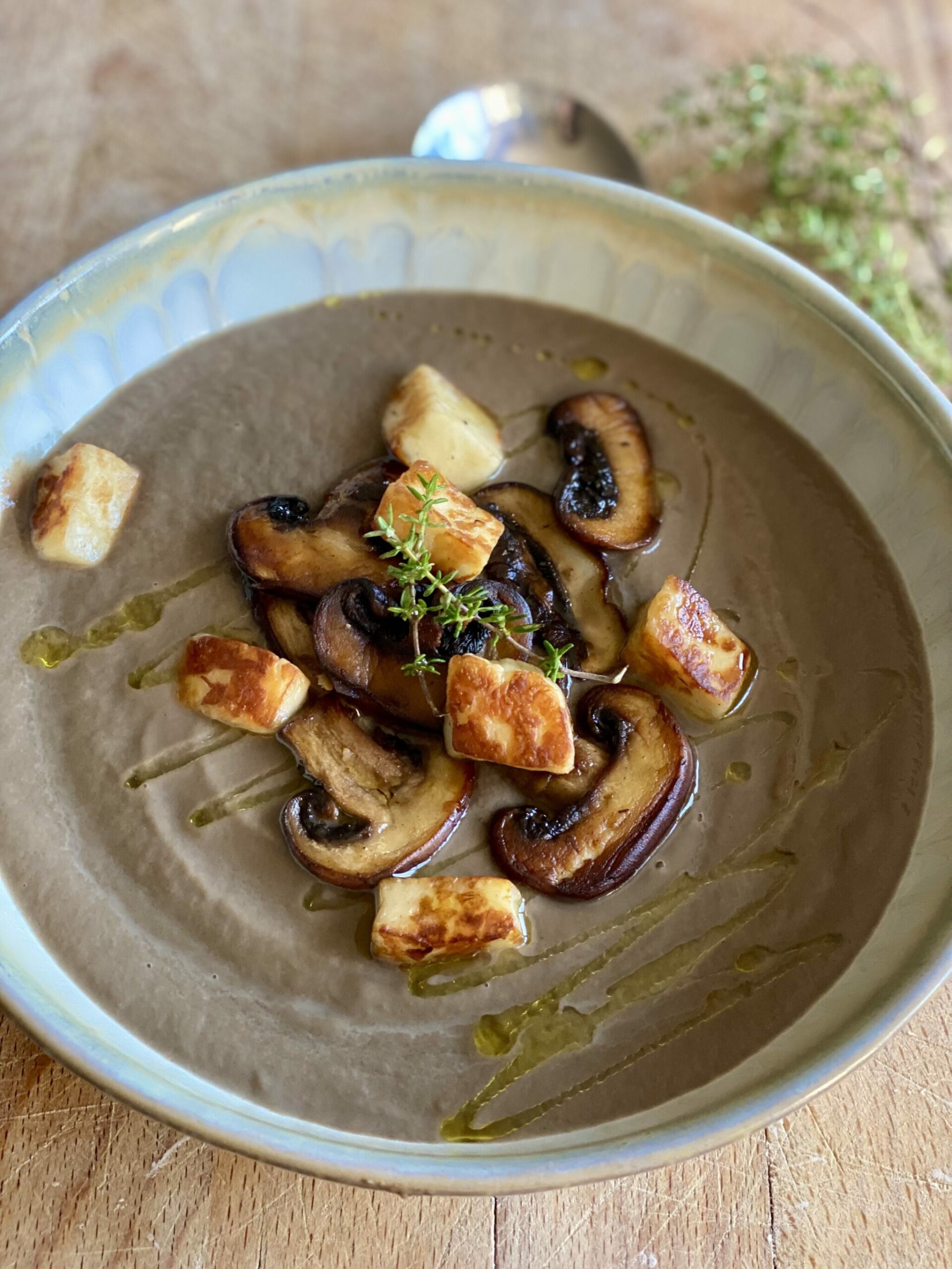 Velvety Mushroom Soup with Halloumi Croutons
