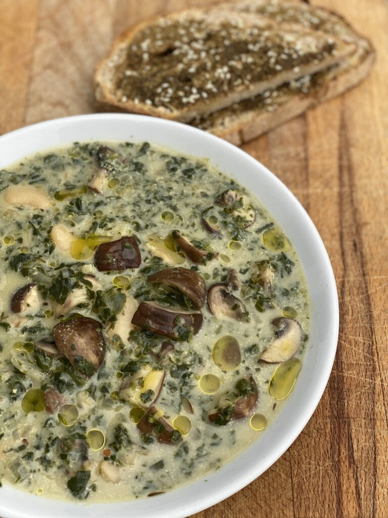 High Protein White Bean, Mushroom Soup with Spinach