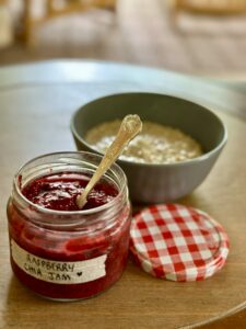 Homemade raspberry chia jam without refined sugar, thickened naturally with chia seeds
