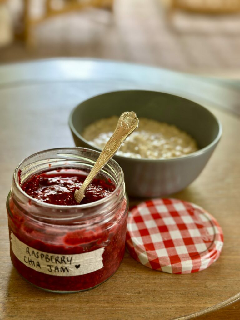 Homemade raspberry chia jam without refined sugar, thickened naturally with chia seeds